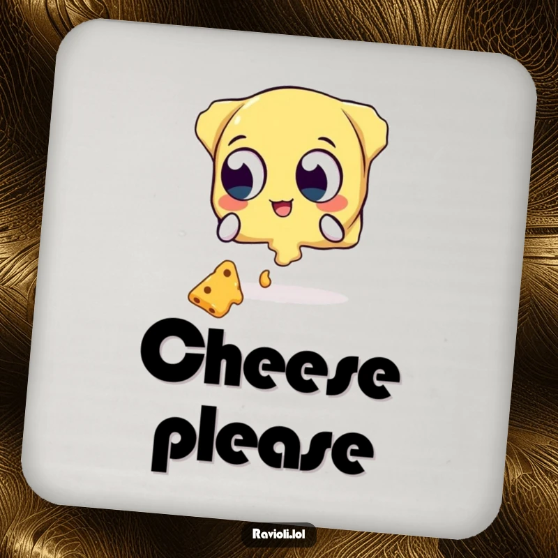 Funny drink coaster with a ravioli character's wide-eyed attempt to catch falling cheese, a humorous and practical table accessory.