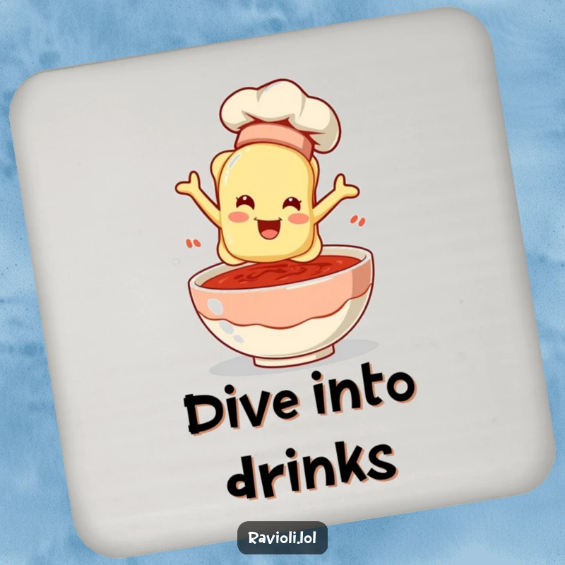 A ravioli chef leaping into sauce on a drink coaster, adding a touch of culinary humor and protecting surfaces.