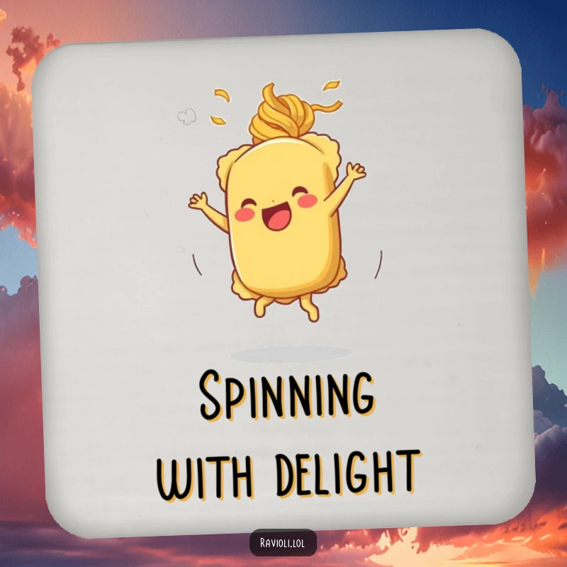 Funny cartwheeling ravioli coaster featuring a ravioli character doing a joyful cartwheel with pasta steam, perfect for surfaces.