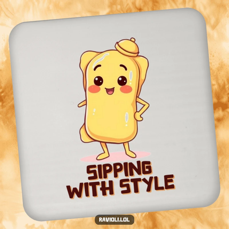 Funny coaster featuring a confident ravioli with hand on hip and tilted hat, protecting surfaces with Italian sass and style.