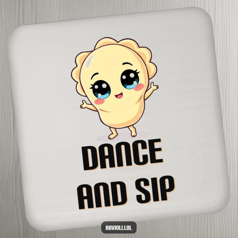 Funny ravioli character with wide eyes doing a silly dance, protecting surfaces on a humorous drink coaster.