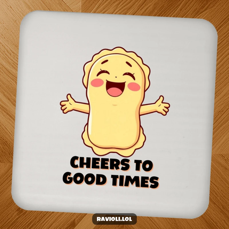 Funny ravioli character laughing heartily on a drink coaster, offering humorous and practical protection for tables.