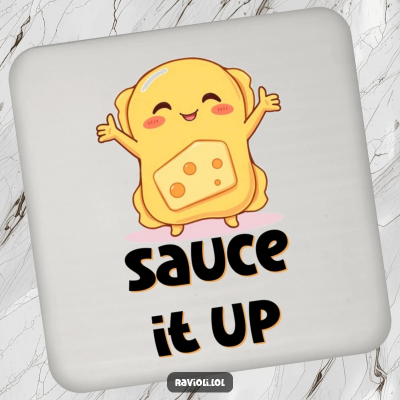 Funny coasters featuring a ravioli hugging a shy, blushing cheese, offering table protection with a humorous food theme.