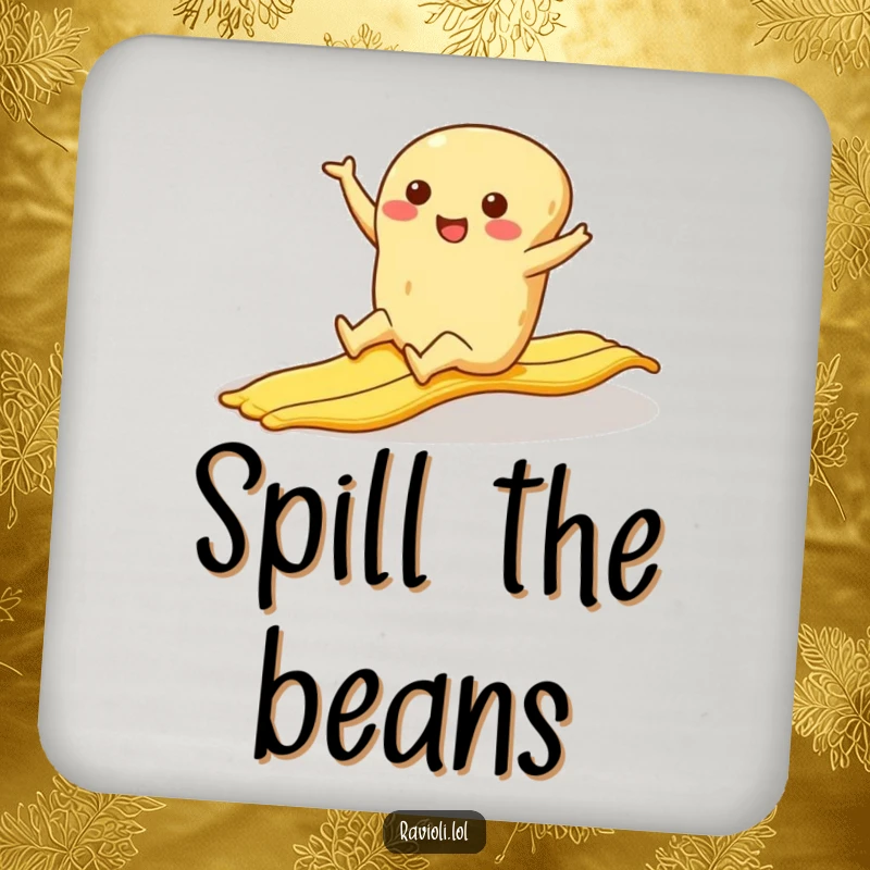 Funny ravioli character slipping on a banana peel, a humorous coaster for drinks.