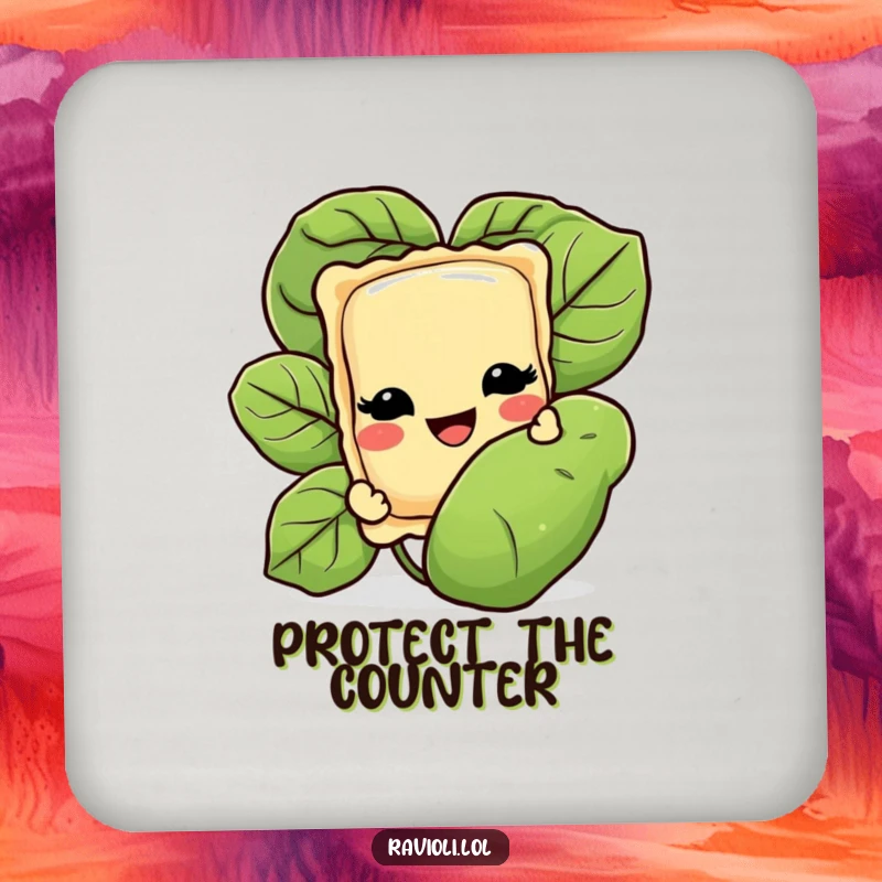 Funny drink coaster featuring a ravioli character grinning and peeking from behind a basil leaf, protecting surfaces with Italian culinary humor.