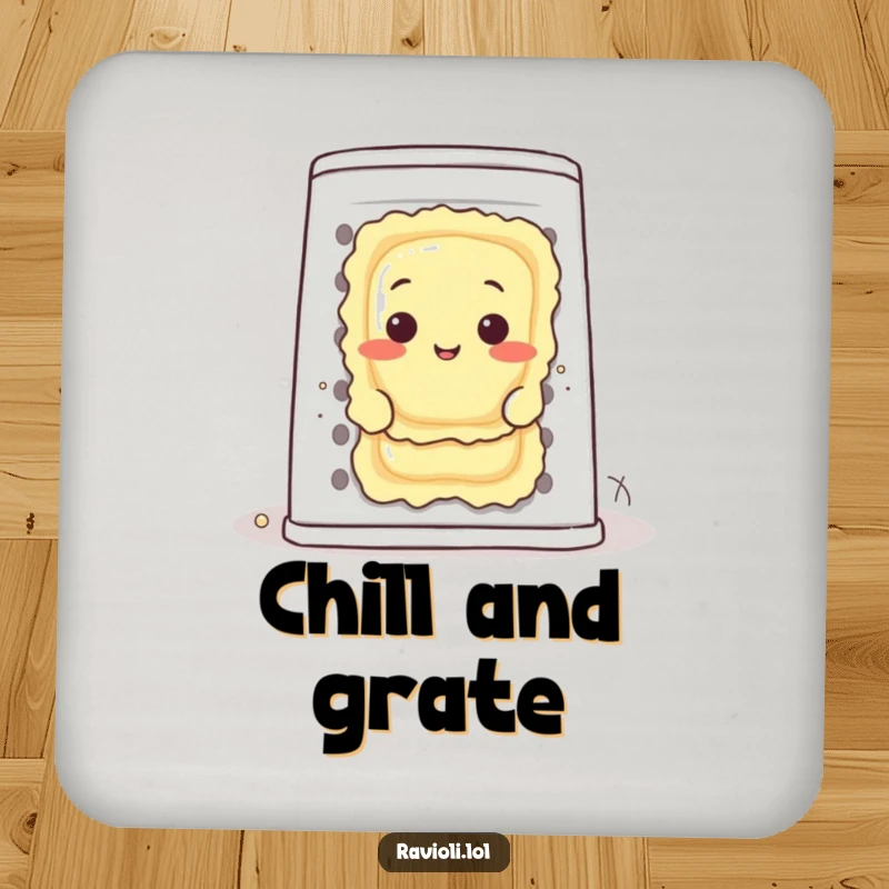 Funny ravioli character hiding behind a large cheese grater on a drink coaster, a small but humorous piece of decor.