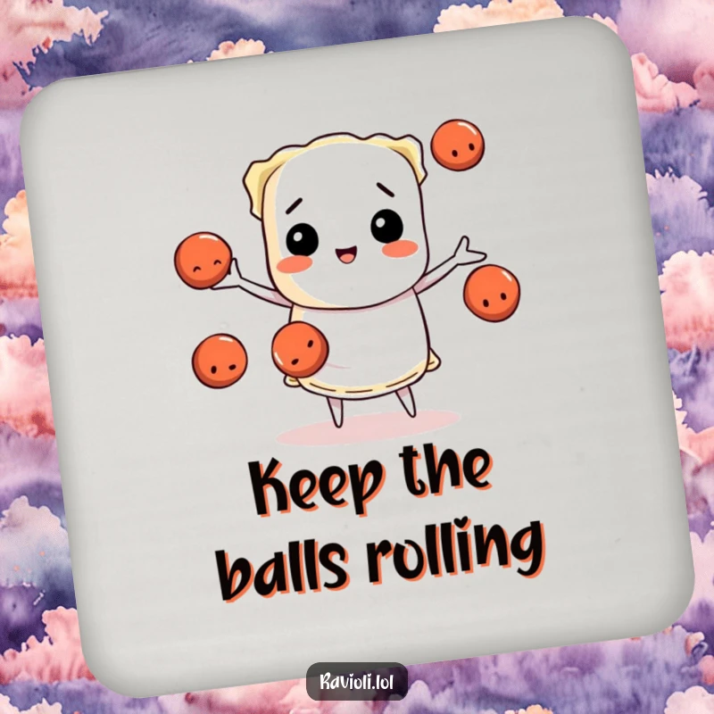 Funny ravioli character juggling meatballs, a coaster with pasta chef humor, perfect funny gift.