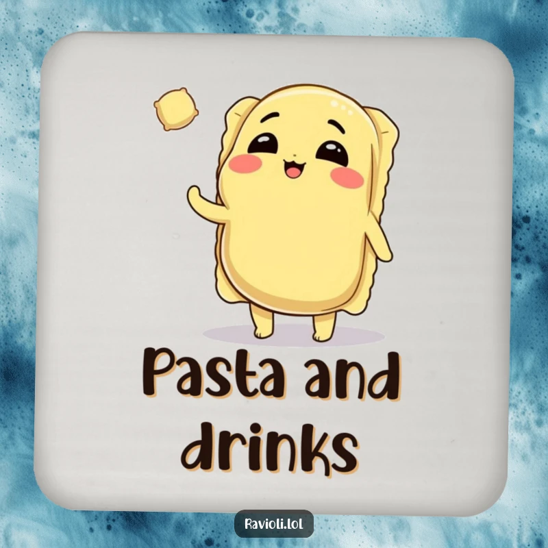 Funny Ravioli Coaster: Winking ravioli character tossing a tiny ravioli, adding culinary humor to drink protection.