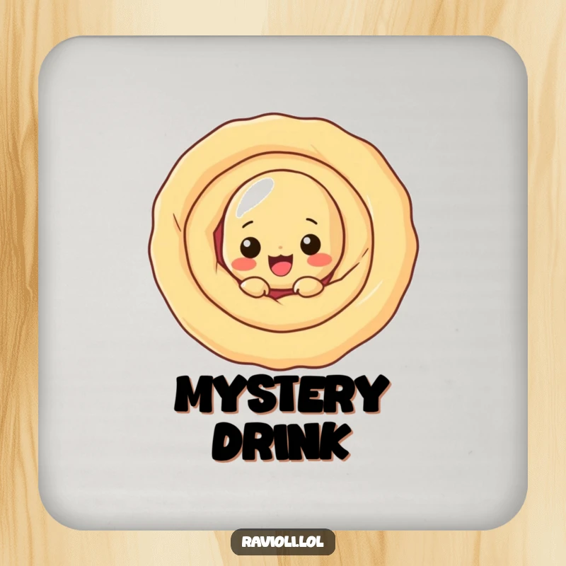 Funny ravioli character peeking from behind a large dough swirl, a cute and funny drink coaster.