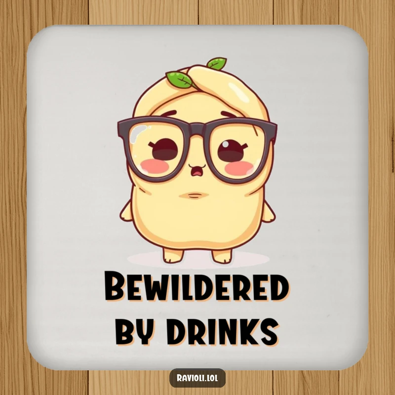 Funny ravioli character wearing tiny oversized glasses, looking surprised, on a decorative and protective drink coaster.