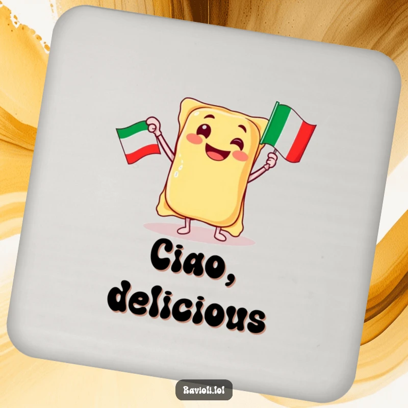 Funny jubilant ravioli character waving an Italian flag on a round coaster, a humorous and protective accessory, great gift.