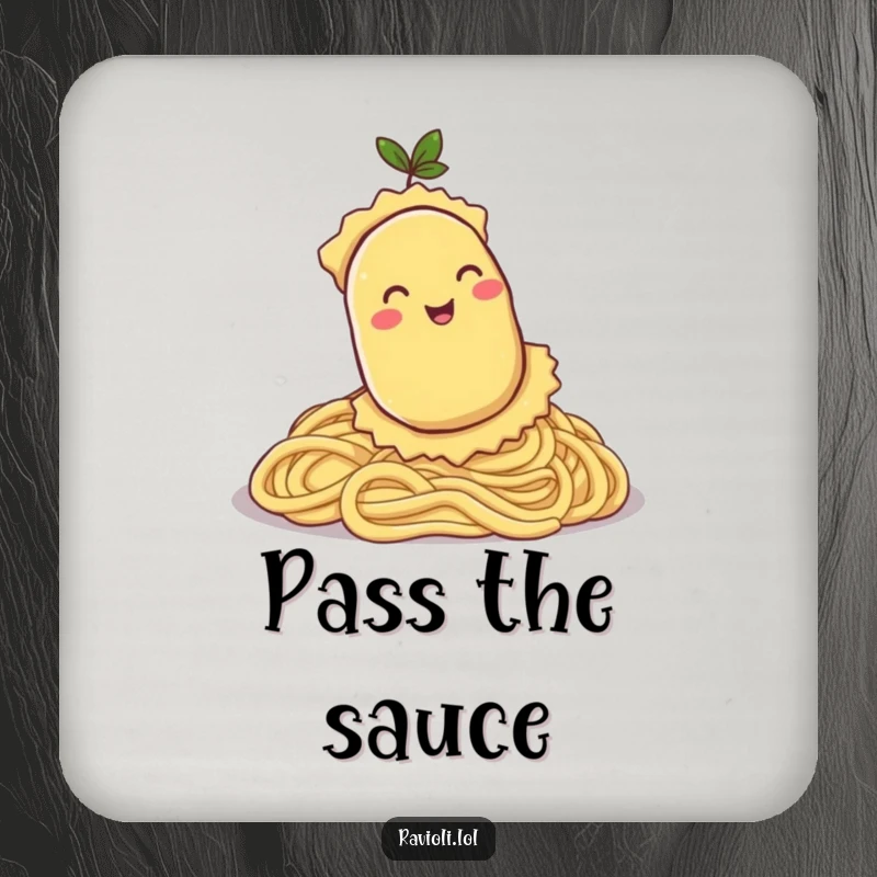 Funny drink coaster depicting a ravioli character rolling down a pasta hill, a humorous and practical table accessory.