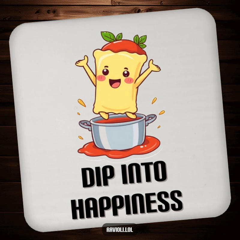 Funny Ravioli Coasters depicting a happy ravioli character leaping into a sauce pot, adding humor to drinks.