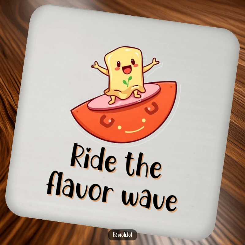 Funny drink coasters featuring a ravioli character surfing on a giant tomato slice, offering surface protection with a humorous and beachy design.