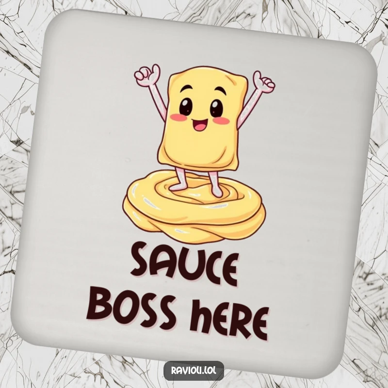 Funny drink coaster featuring a ravioli character in a triumphant pose on a creamy sauce swirl, protecting surfaces with Italian culinary celebration.