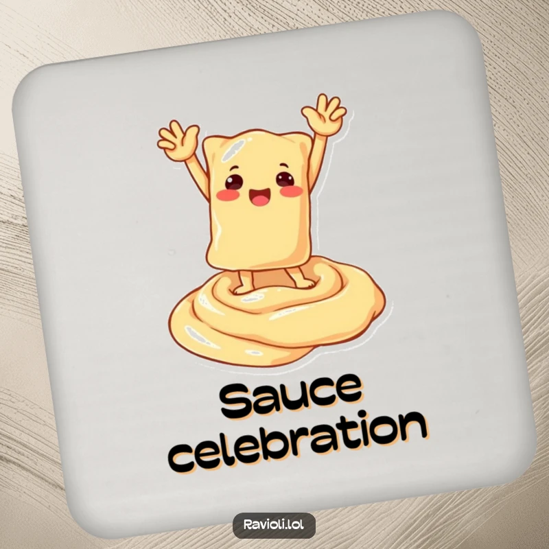 Funny coasters with a ravioli character striking a triumphant pose on a creamy sauce swirl, perfect for protecting surfaces.
