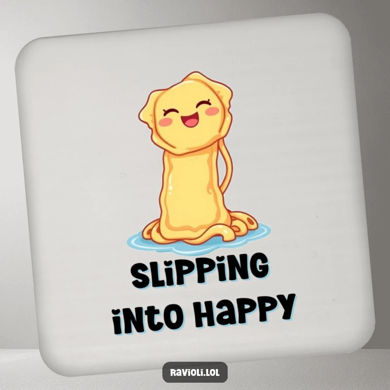 Funny coaster featuring a ravioli laughing while sliding down a noodle waterslide, protecting surfaces with playful food humor.