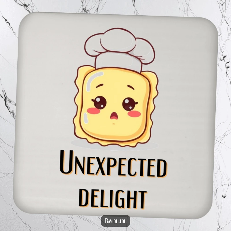 Funny ravioli character in a chef hat, looking surprised, on a drink coaster, offering humorous and practical protection for tables.