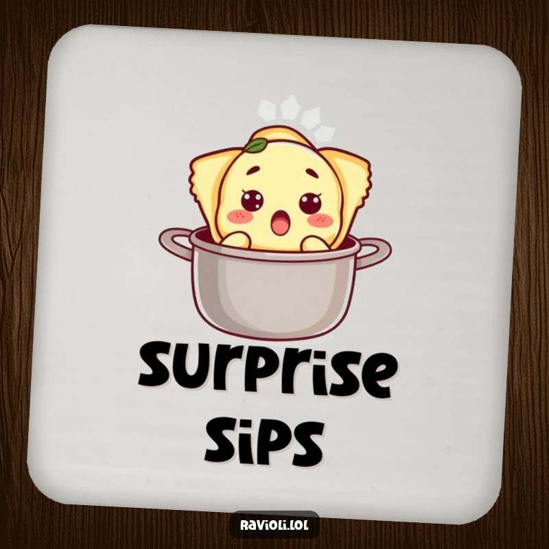 Funny ravioli character with a surprised expression popping out of a pot on a drink coaster, offering humorous protection.