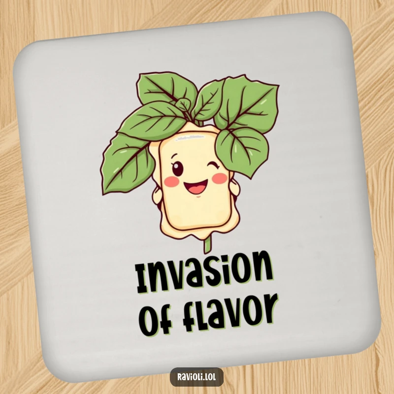 Funny coasters with a ravioli character peeking from behind a giant basil leaf, grinning playfully, perfect for drinks protection.