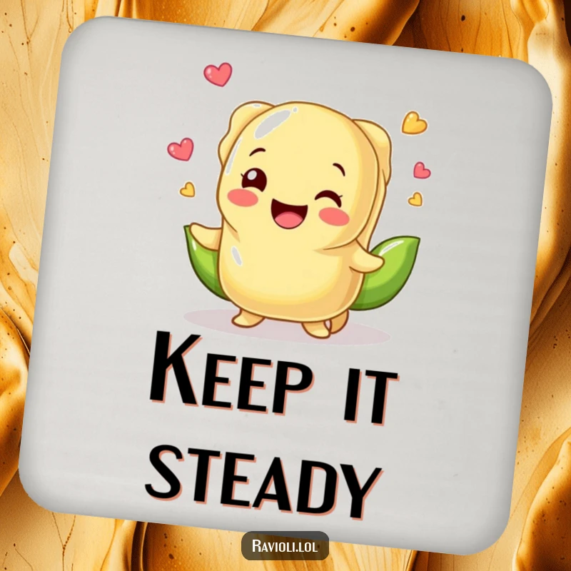 A single, funny ravioli character juggling small peas on a drink coaster, adding a humorous touch to beverage service.