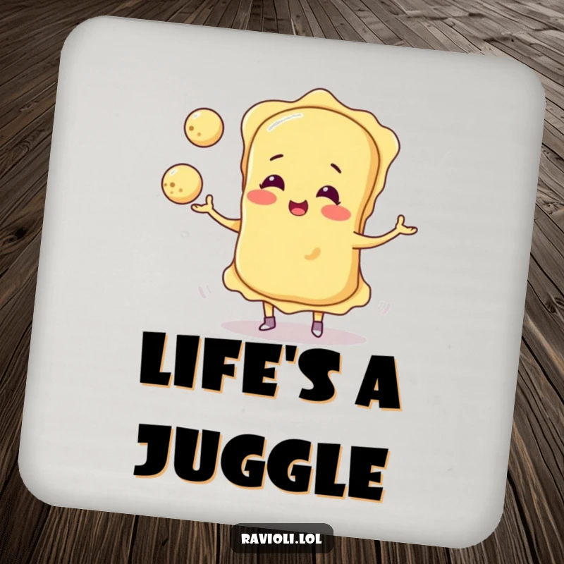 Funny ravioli character juggling three cheese balls on a protective drink coaster, adding humor to any surface.