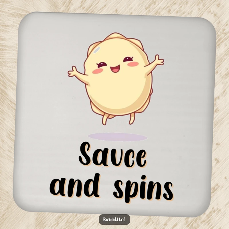 Funny ravioli dumpling drink coaster with tiny legs doing a joyful cartwheel, bringing playful food-themed fun and surface protection.