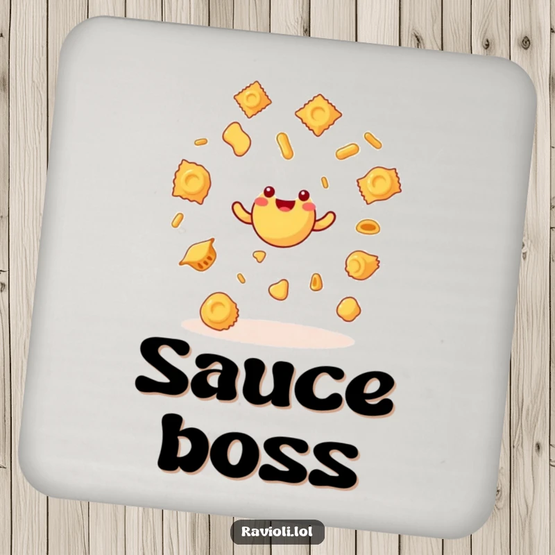 Funny ravioli character juggling pasta shapes on a drink coaster, providing humorous and practical surface protection.