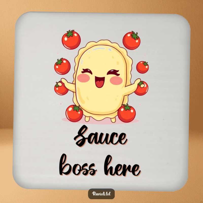 Funny coaster featuring a winking ravioli juggling small tomatoes, protecting surfaces with Italian food humor and vibrant colors.