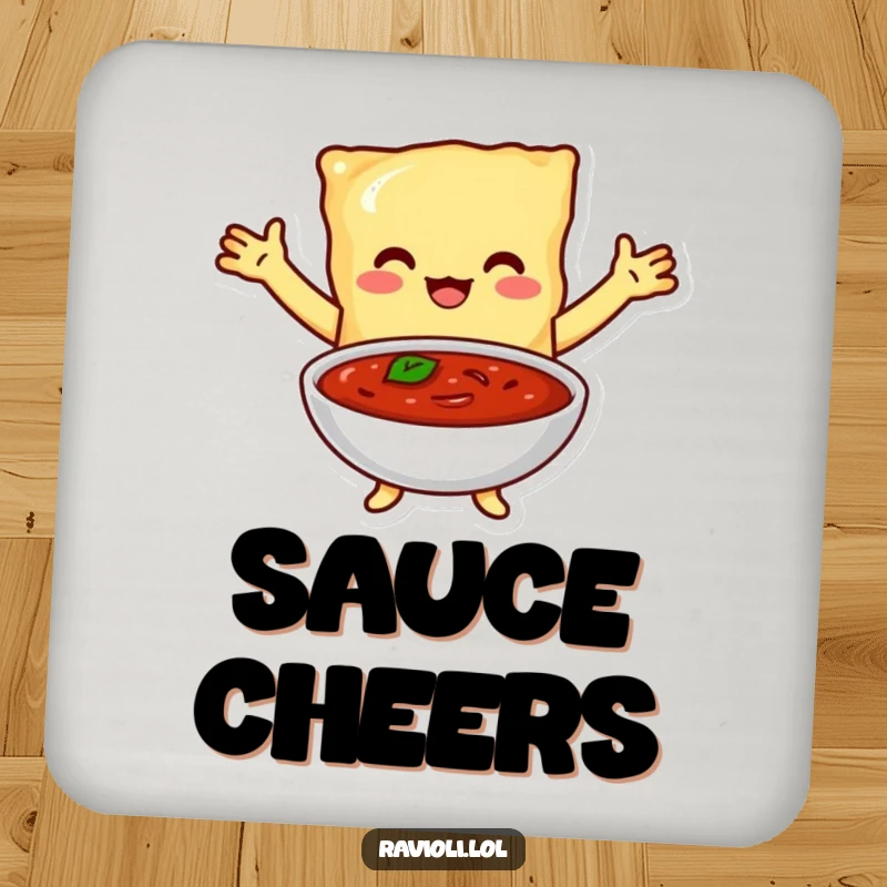 Funny coasters with a ravioli character embracing a bowl of marinara sauce, perfect for protecting surfaces with love.