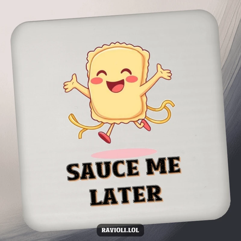 Funny ravioli character joyfully jumping with pasta strands on a round coaster, a humorous and protective accessory, great gift.