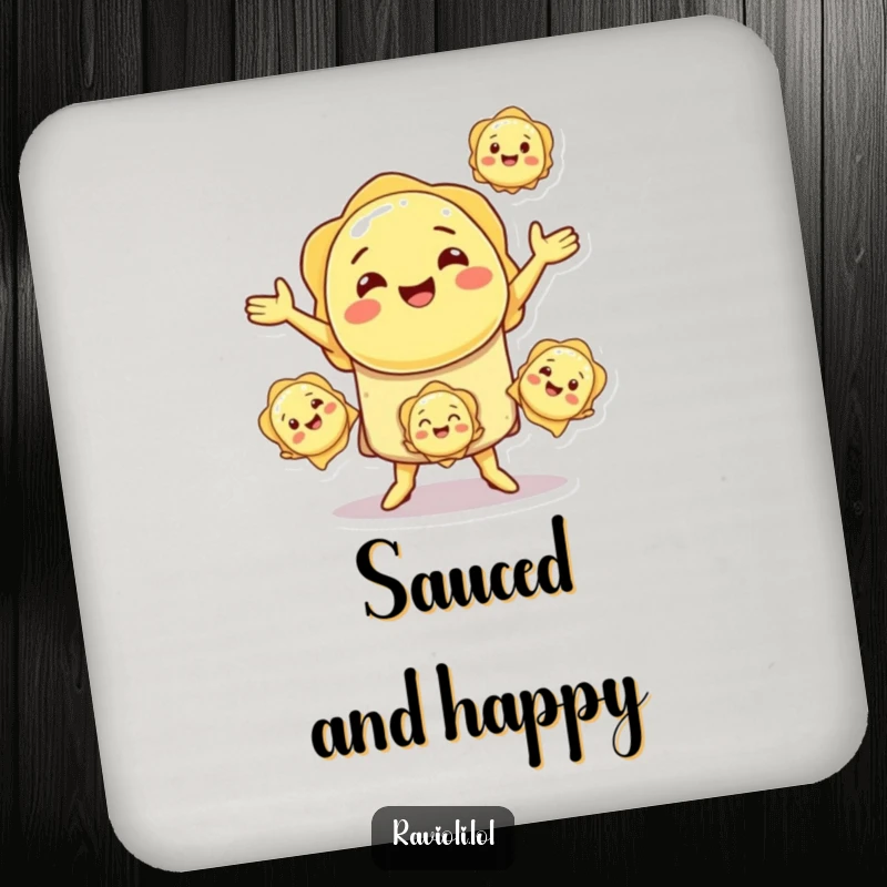 Funny smiling ravioli character juggling pasta, on a decorative and protective drink coaster.