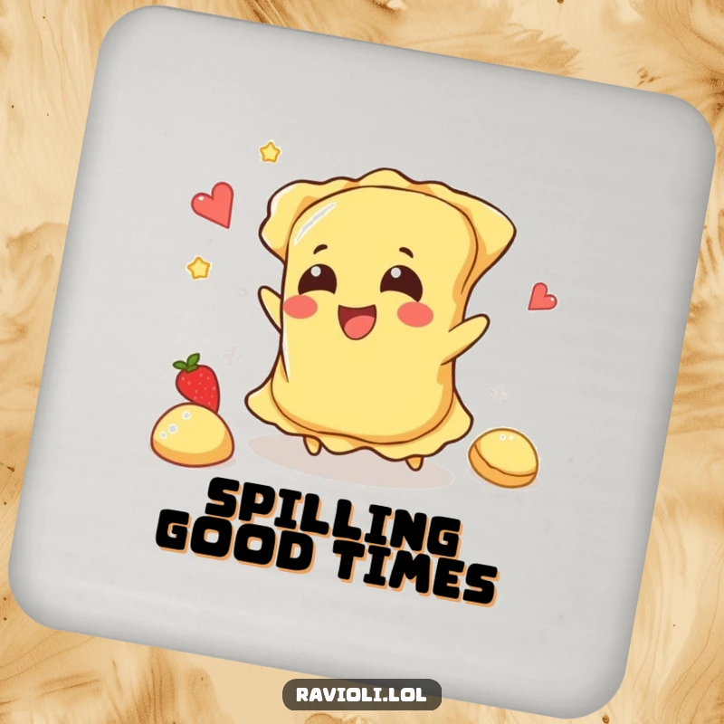 Funny ravioli character tripping and happily spilling filling, on a decorative and protective drink coaster.