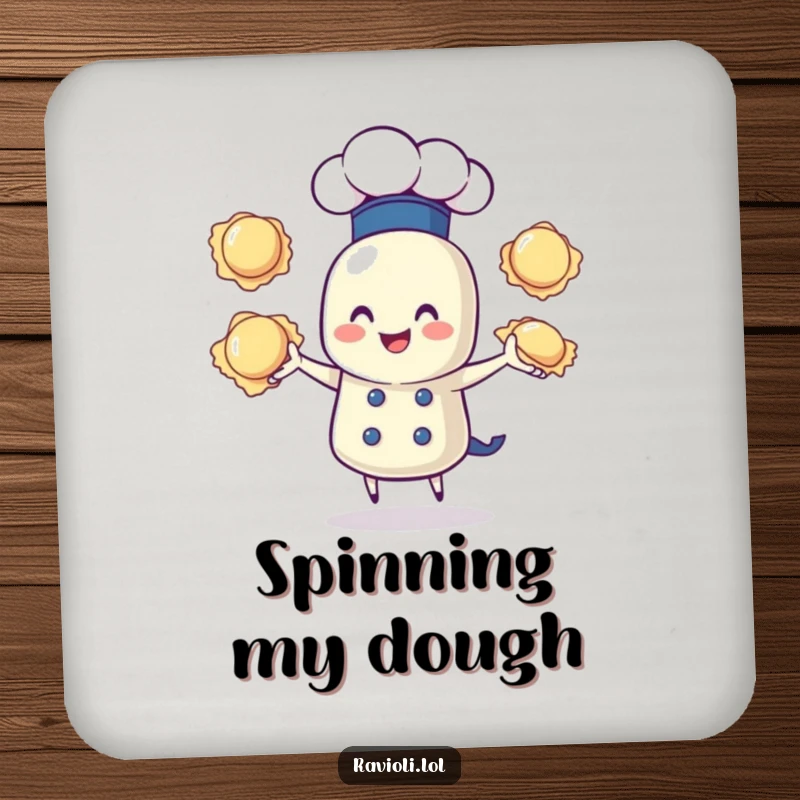 Funny drink coaster with a ravioli character in a chef hat, juggling three ravioli, protecting surfaces with culinary comedy.