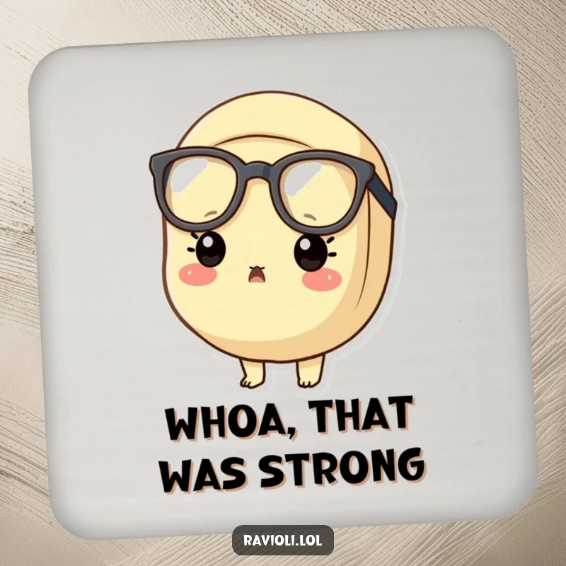 Funny surprised ravioli coaster featuring a ravioli character in oversized glasses with a shocked expression, perfect for surfaces.