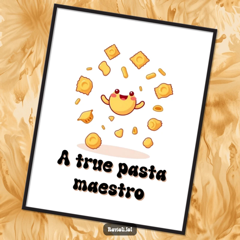 Funny ravioli character joyfully juggling miniature pasta shapes, presented as a vibrant and humorous art poster for wall decoration.