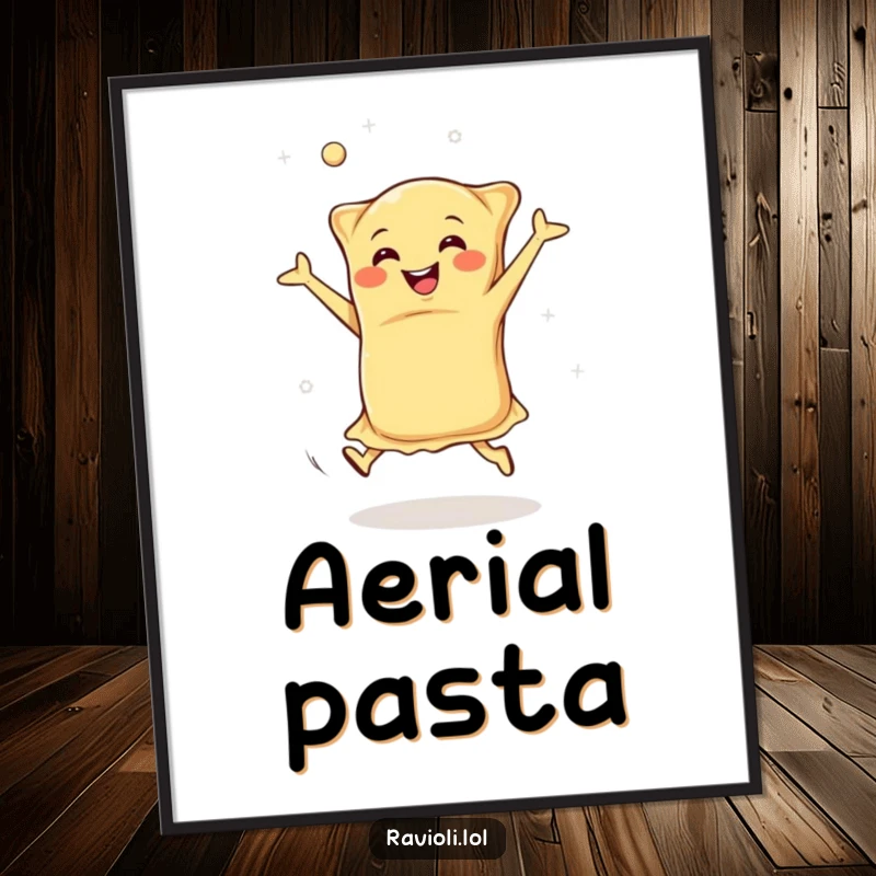 Funny happy ravioli doing cartwheels with dough flying, vibrant poster of an energetic Italian food character, perfect funny wall decor.