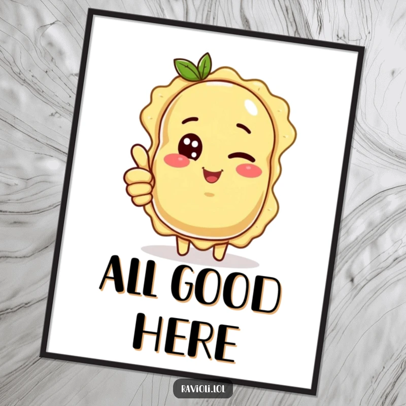 Funny ravioli character winking and giving a thumbs up, a vibrant and funny poster for decor.