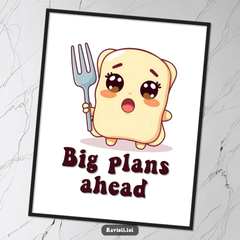 Funny ravioli character with wide surprised eyes holding a giant fork, a poster of pasta shock humor, ideal funny gift.