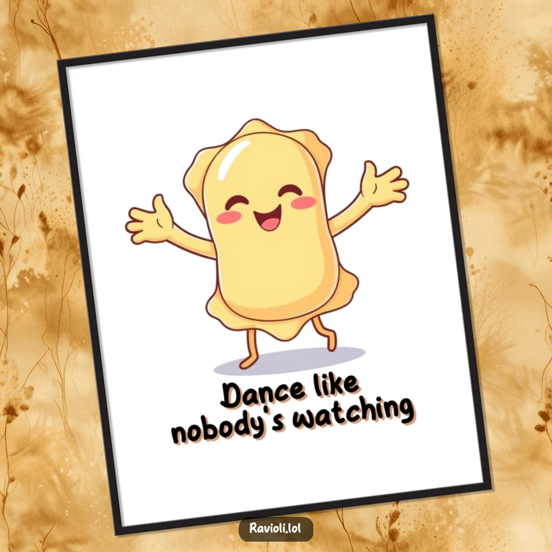 Vibrant funny ravioli character doing a silly dance with floppy arms, displayed as a humorous art poster for wall decor.