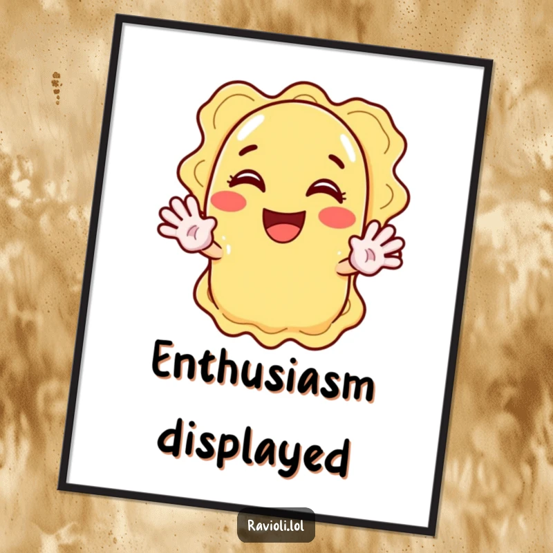 Funny ravioli character enthusiastically waving with both hands, a vibrant and funny poster for decor.