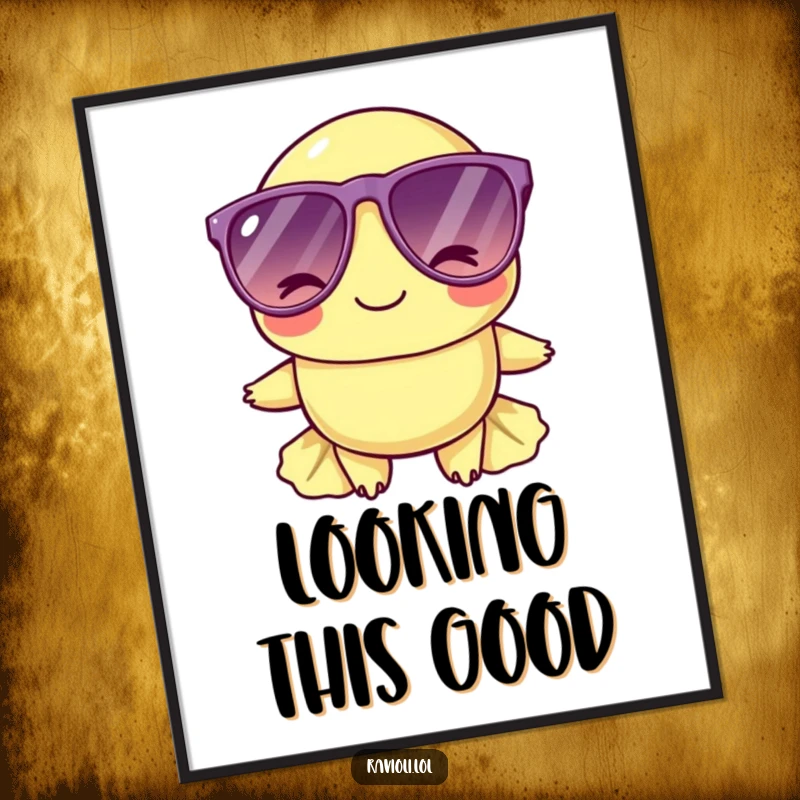 Funny ravioli character in oversized sunglasses, winking slyly, displayed as cool and humorous wall art.
