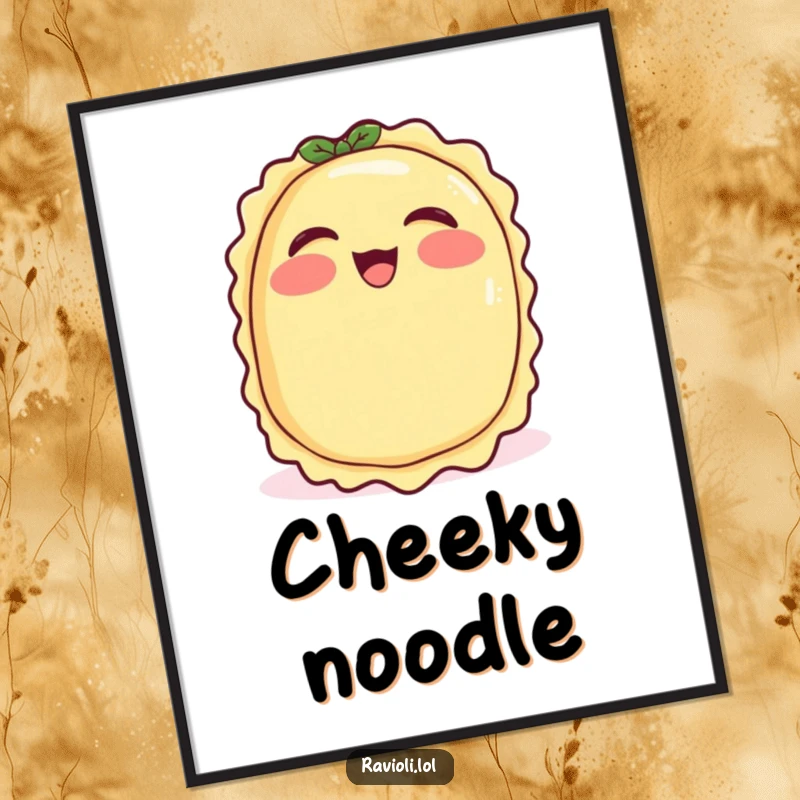 Funny ravioli with rosy cheeks giggling uncontrollably, poster of a cheerful Italian food character, perfect funny wall decor.