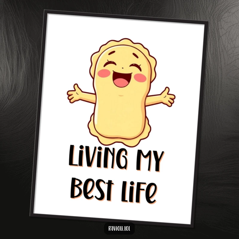 Vibrant funny ravioli character laughing with arms spread wide, displayed as a humorous art poster perfect for wall decor.