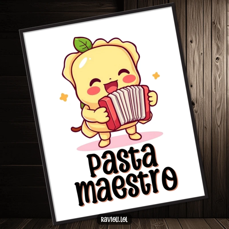 Funny poster art of a ravioli character joyfully playing a tiny accordion, bringing music and laughter to decor.