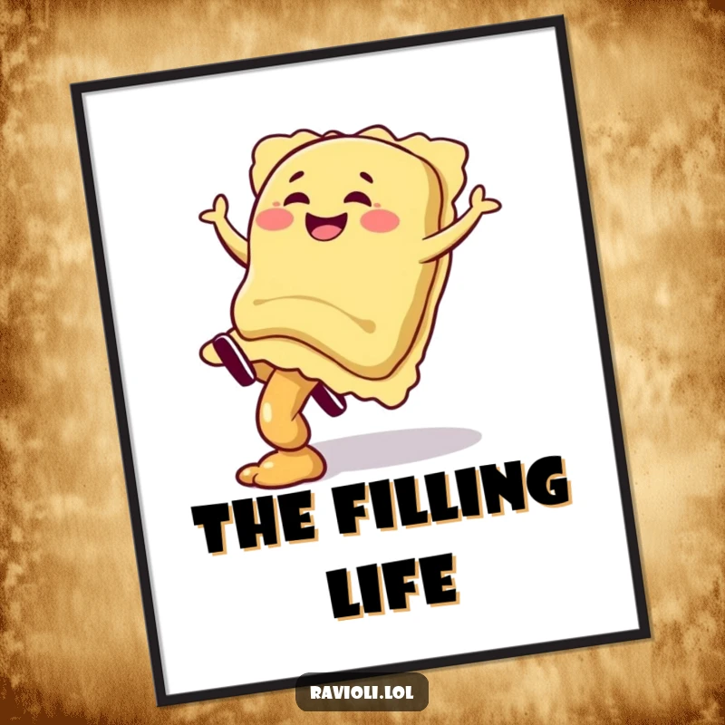 Funny ravioli character giggling while doing a cartwheel with filling spilling, depicted as humorous wall art, a great gift.