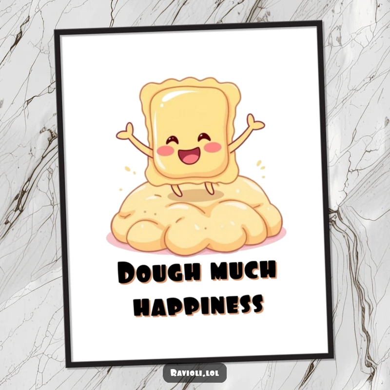 Funny poster art of a smiling ravioli character joyfully bouncing on a mound of fluffy dough.
