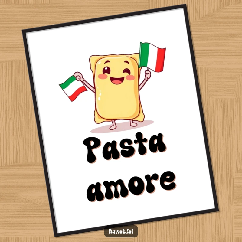 Funny ravioli character jubilantly waving an Italian flag, depicted as humorous wall art on this poster, a great gift.