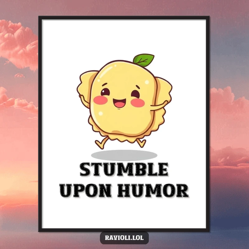 Funny ravioli character tripping comically, a vibrant poster depicting pasta humor and a clumsy, smiling character, ideal funny gift.