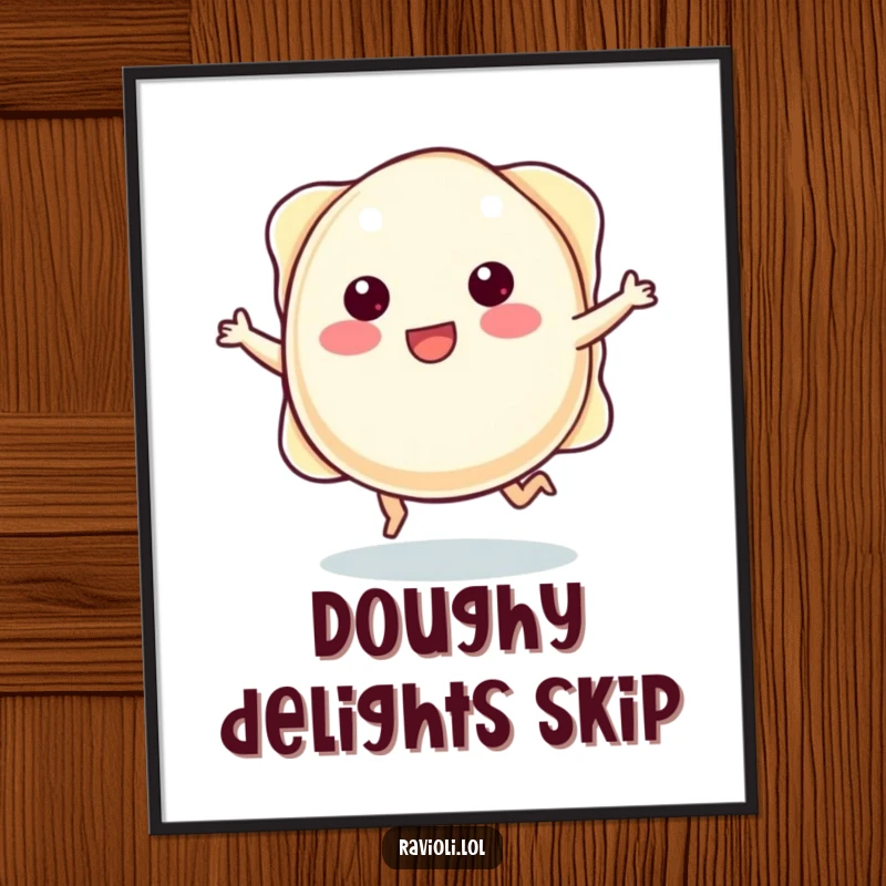 Funny plump ravioli character with tiny legs joyfully skipping, creating a humorous and cheerful wall art poster.